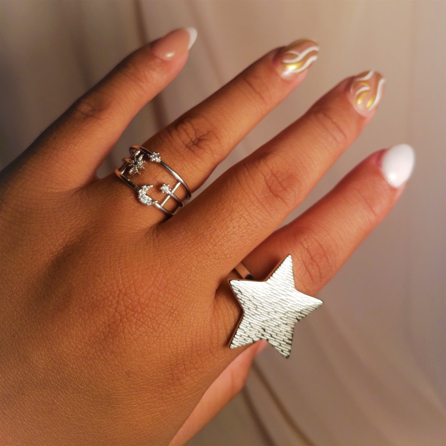 SILVER MOON AND STARS RING