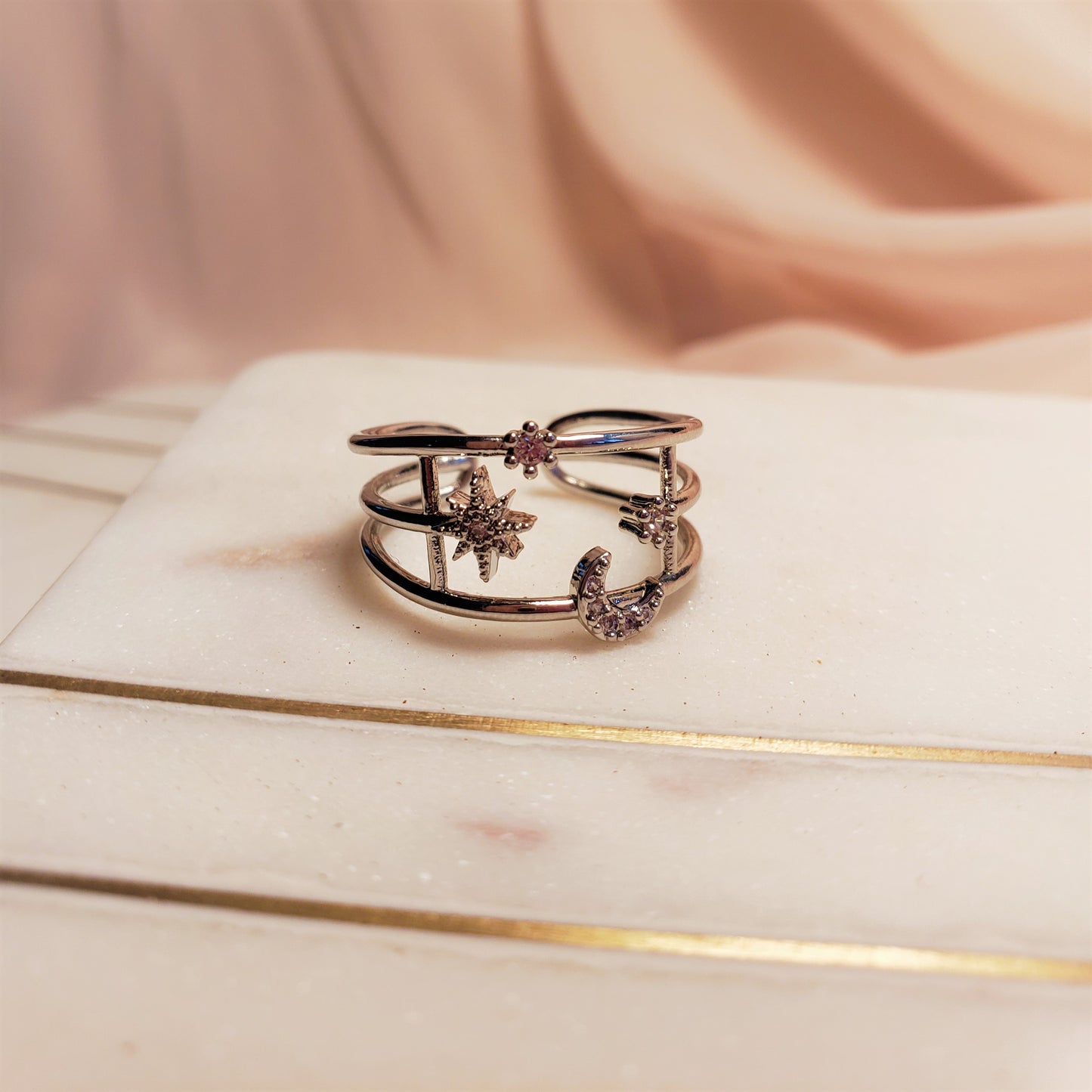 SILVER MOON AND STARS RING