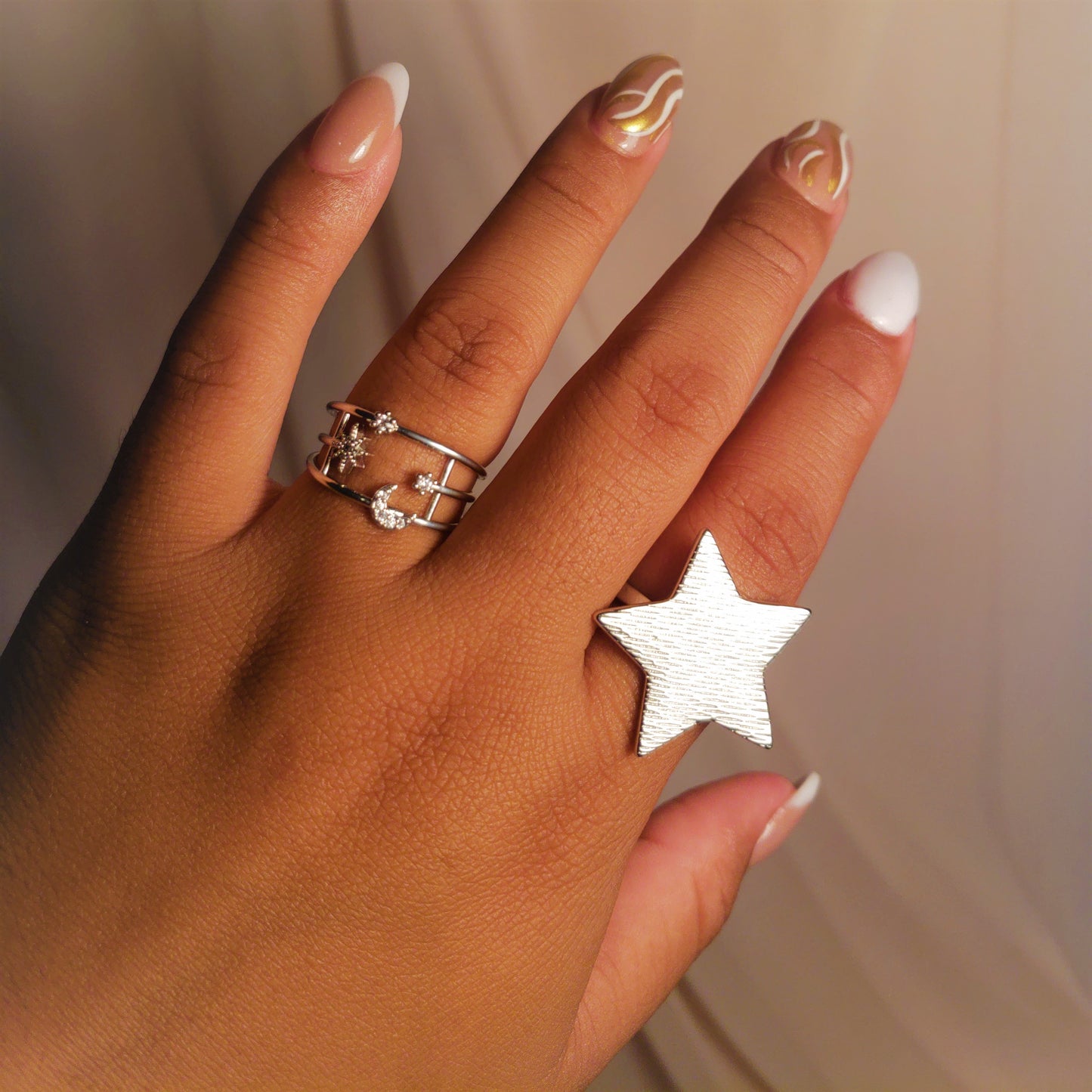 SILVER MOON AND STARS RING