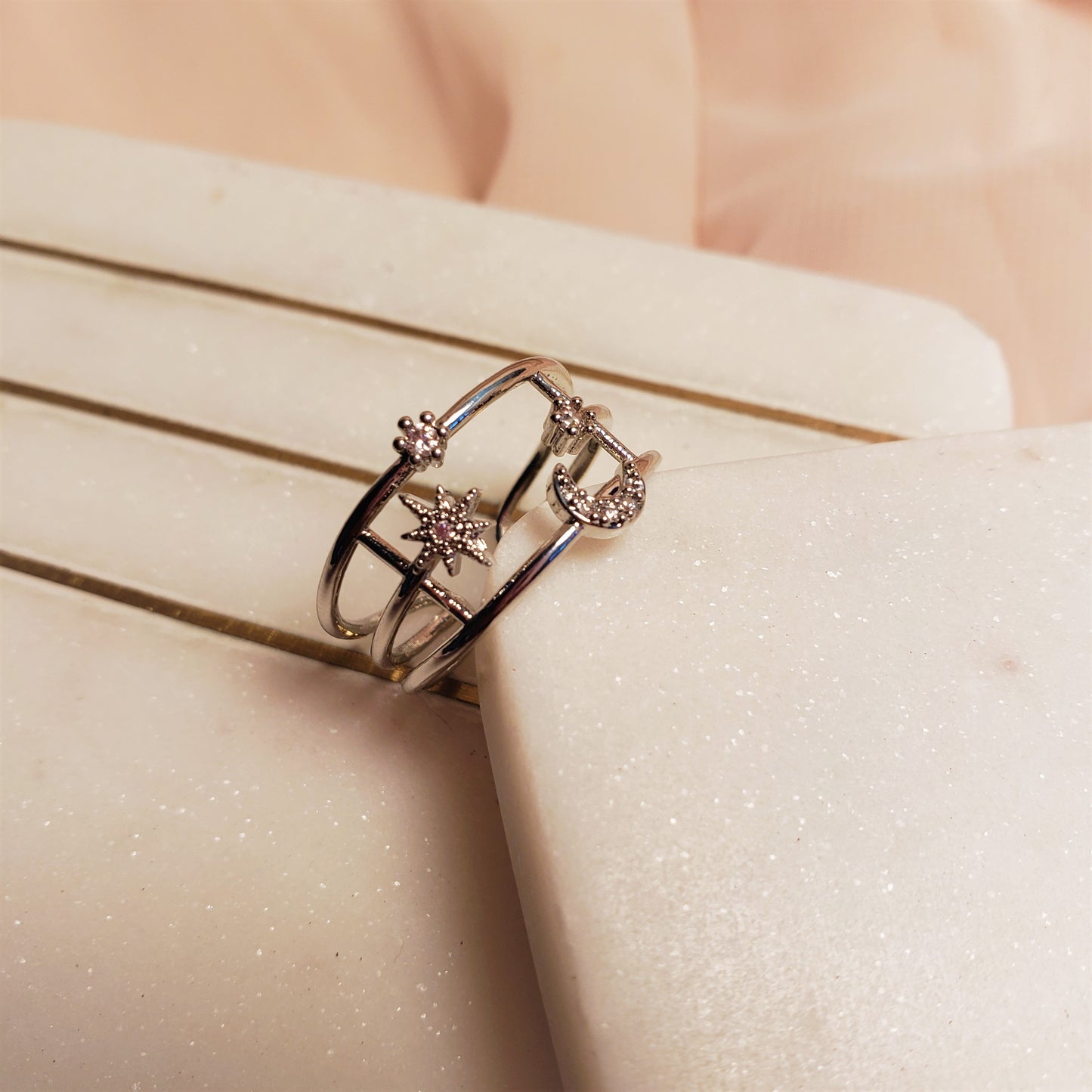 SILVER MOON AND STARS RING